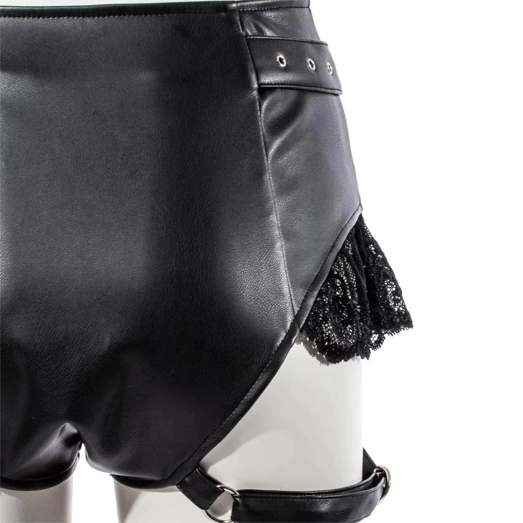 RNG Women's Punk Lace Splice Faux Leather Shorts