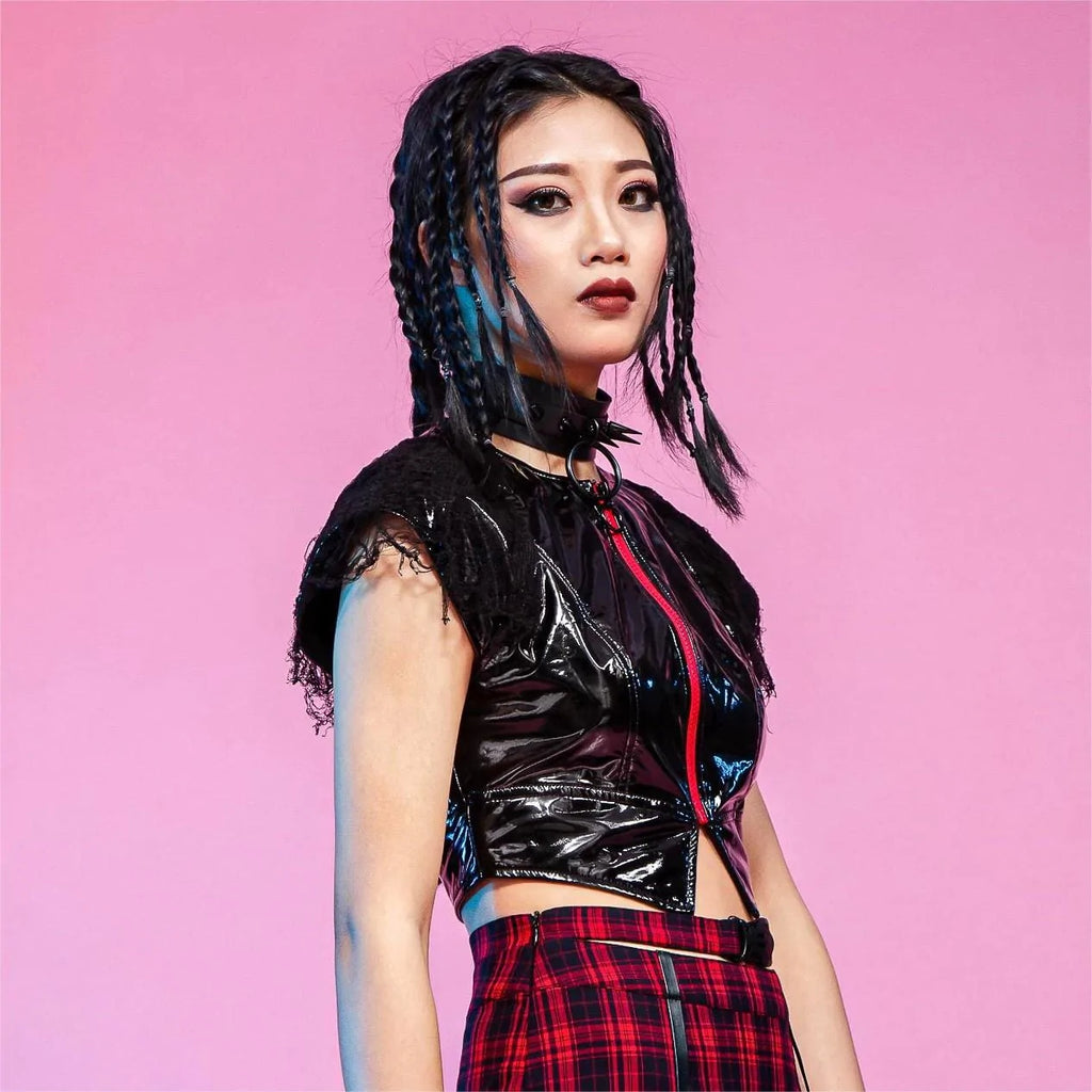 RNG Women's Punk Ripped Patent Leather Crop Top