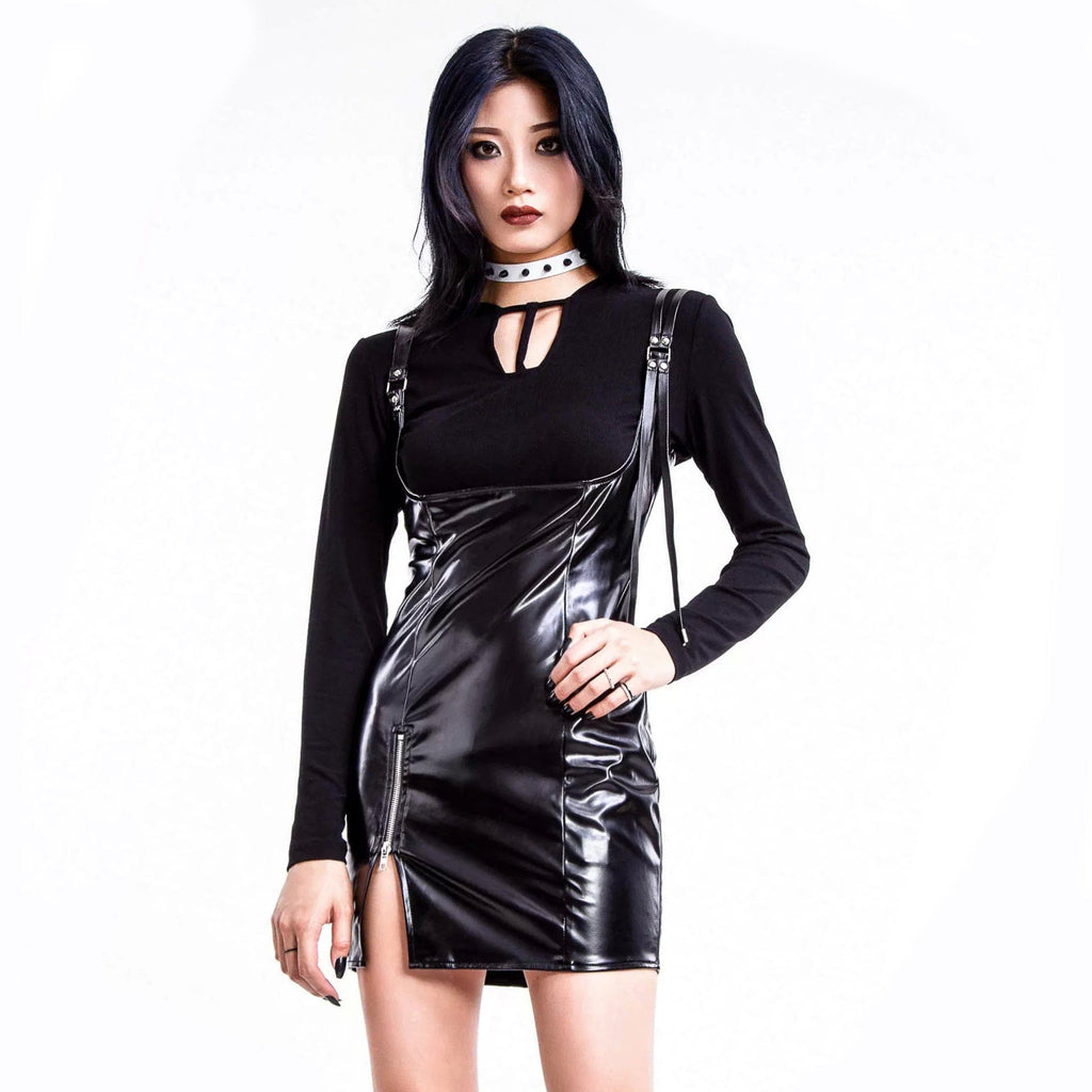 RNG Women's Punk Split Faux Leather Suspender Skirt