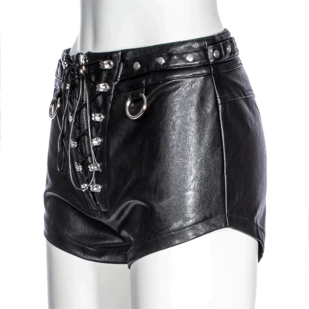 RNG Women's Punk Strappy Faux Leather Shorts