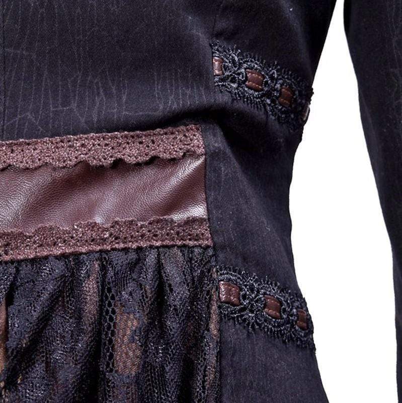 Steampunk Women's Faux Leather Lapel Lace Swallow Tailed Ruffle Coat