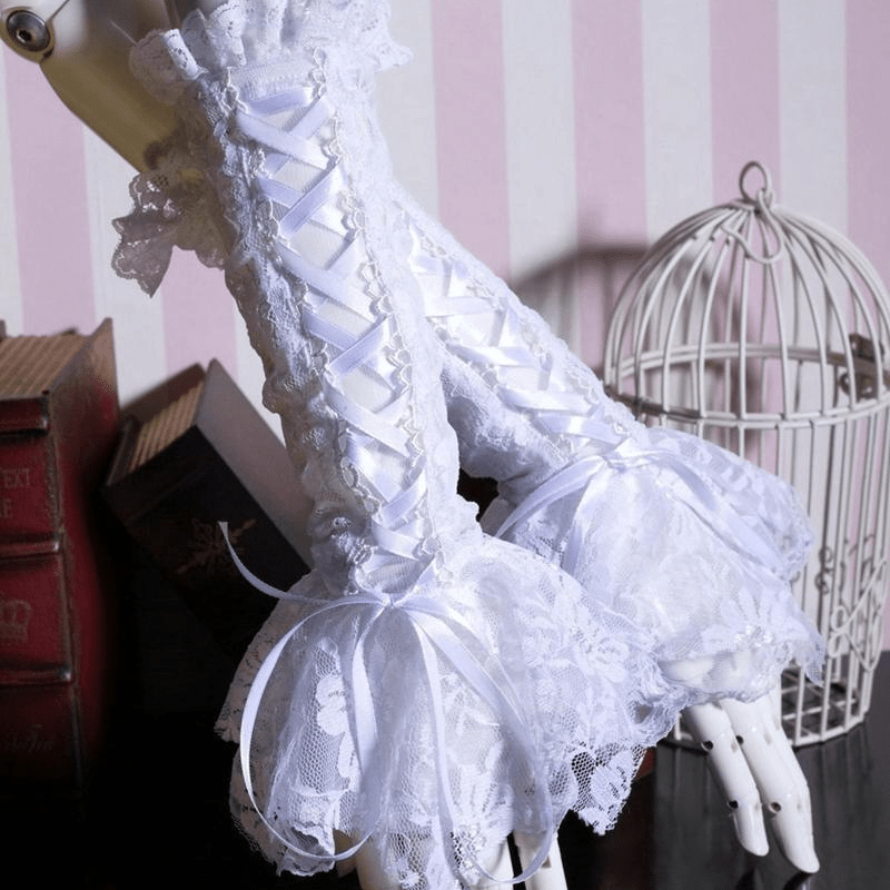 RQ-BL Victorian Style Gothic Lace and Ribbon Long Gloves
