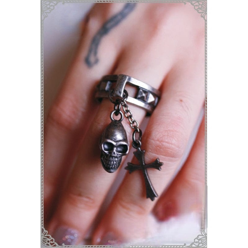 RQ-BL Women's Steampunk Rivets Ring with Skull and Cross
