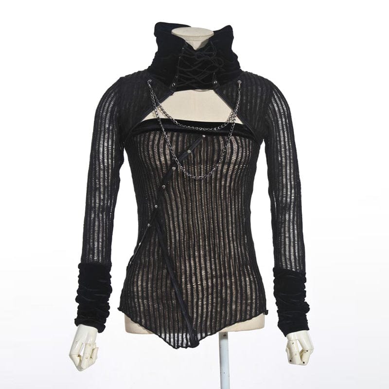 RQ-BL Women's Steampunk Strappy Stand Collar Cutout Knitted Shirt