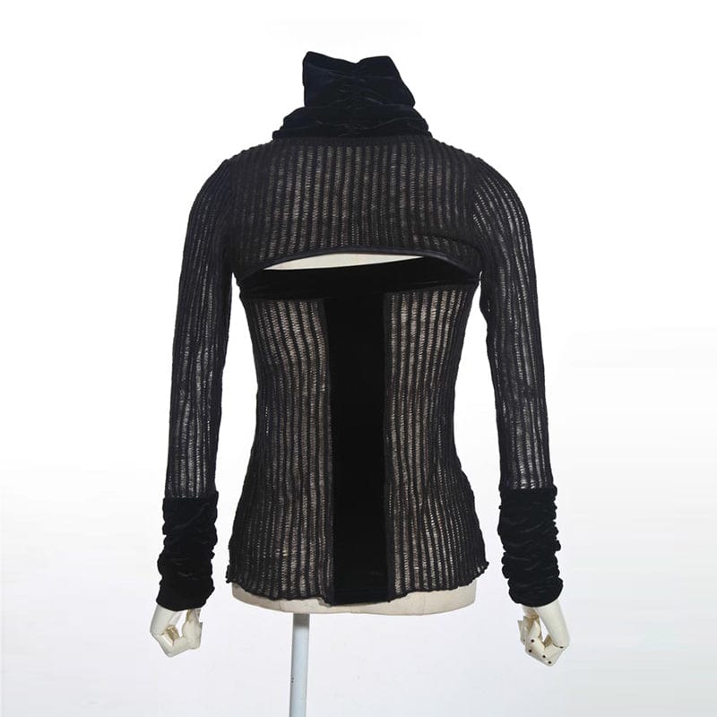 RQ-BL Women's Steampunk Strappy Stand Collar Cutout Knitted Shirt