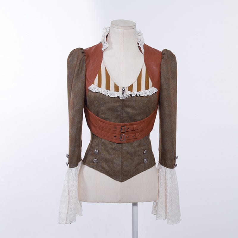 RQ-BL Women's Steampunk Toned Horn Sleeved Splice Zipper Shirt